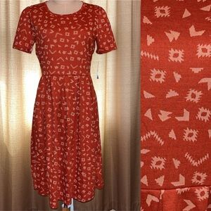 LuLaRoe Amelia Women Large Dress Burnt Orange Geometric Shape Print with Pockets